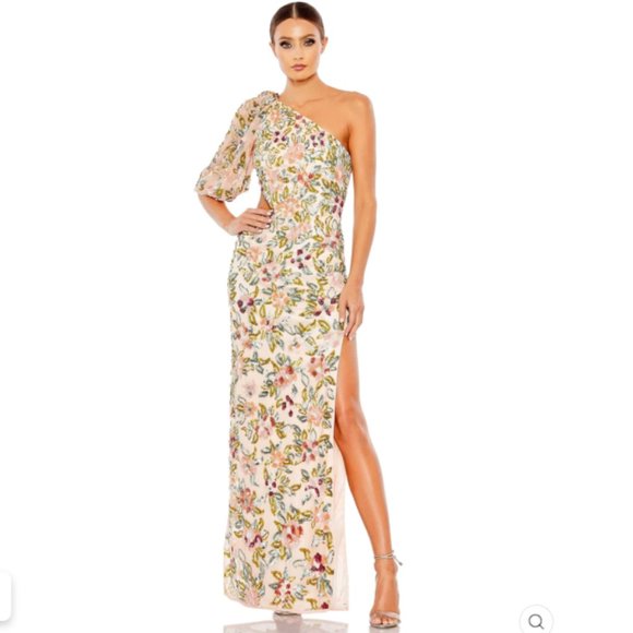 ONE SHOULDER FLORAL EMBELLISHED GOWN Size 12 COLOR — Nude Multi New Without Tags - Picture 1 of 3
